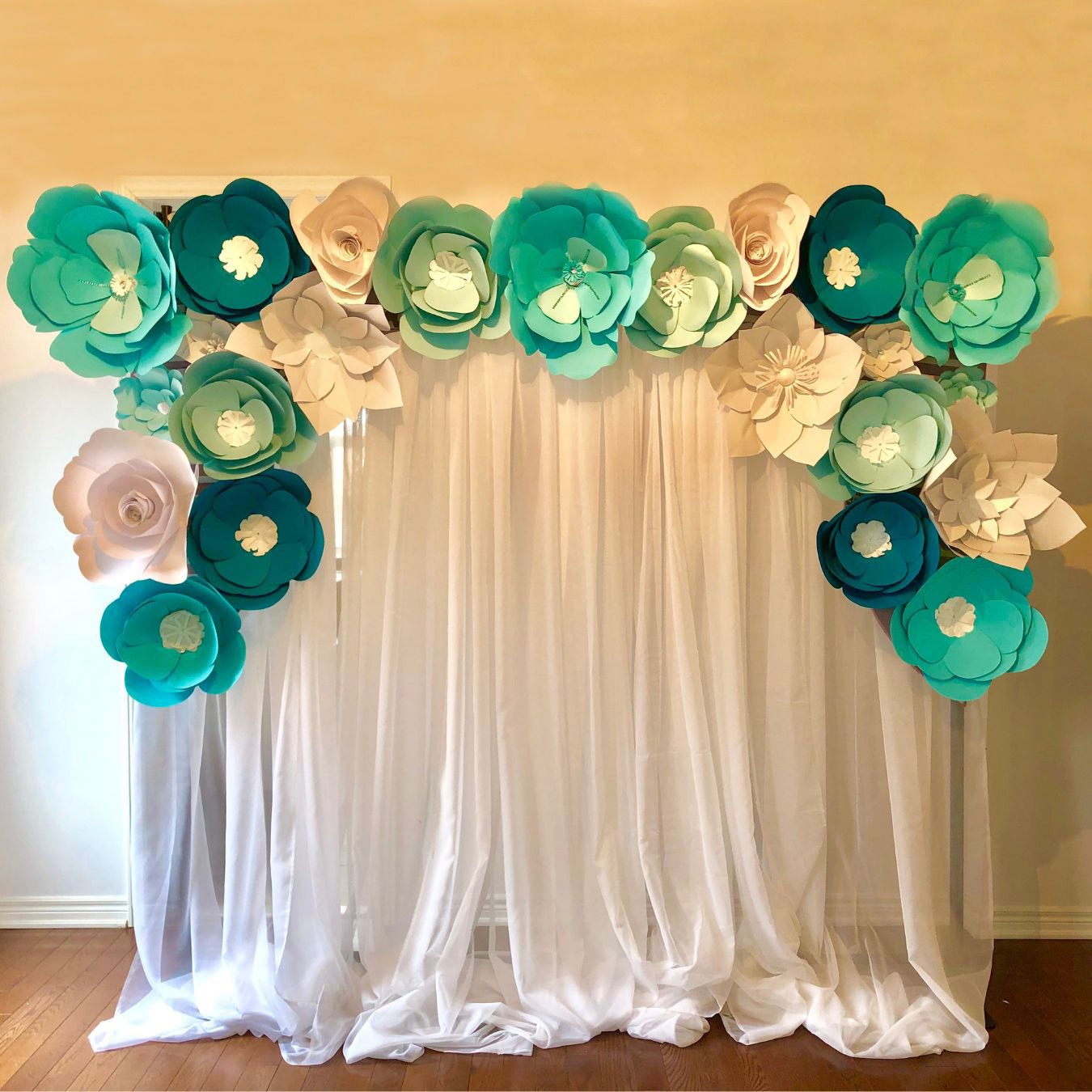 Blue and White Paper Flower Wall rental