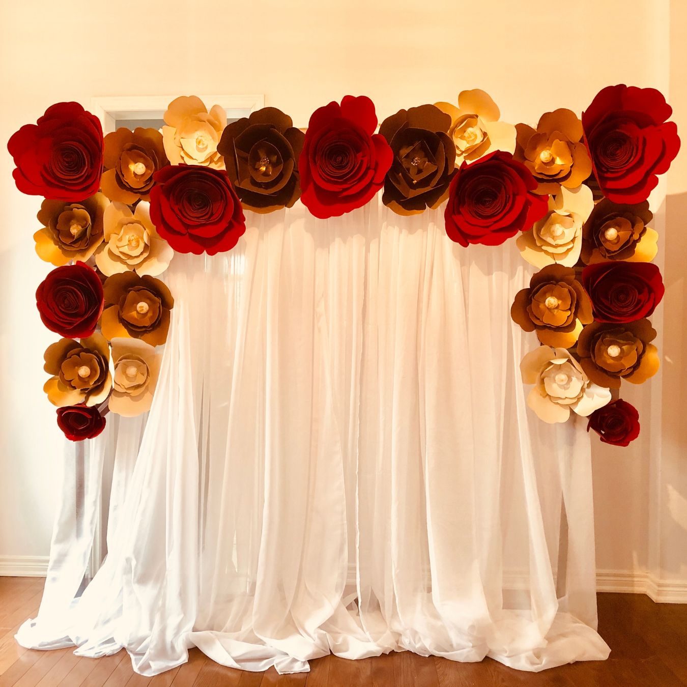 Red and Gold Paper Flower Wall Rental