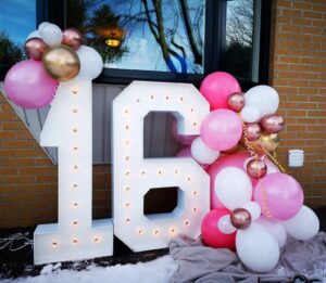 marquee numbers and balloon decor