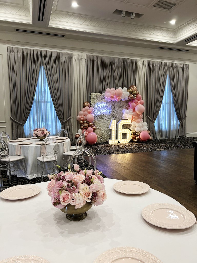 marquee numbers, neon sign, balloon decor, flower wall and event furniture